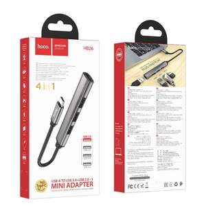 HUB Type-C Hoco HB26 (4 в 1) (USB3.0+USB2.0*3) Сірий